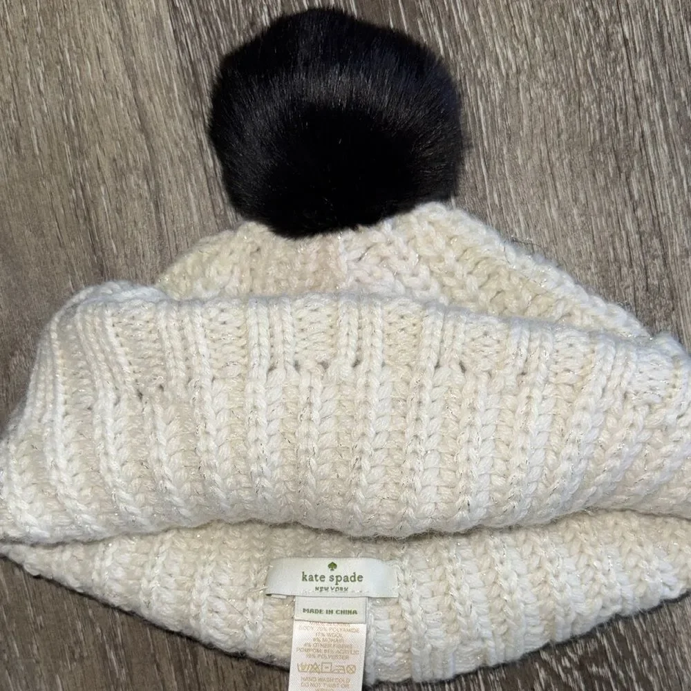 Kate Spade Cream Knit Beanie with Black Pom
